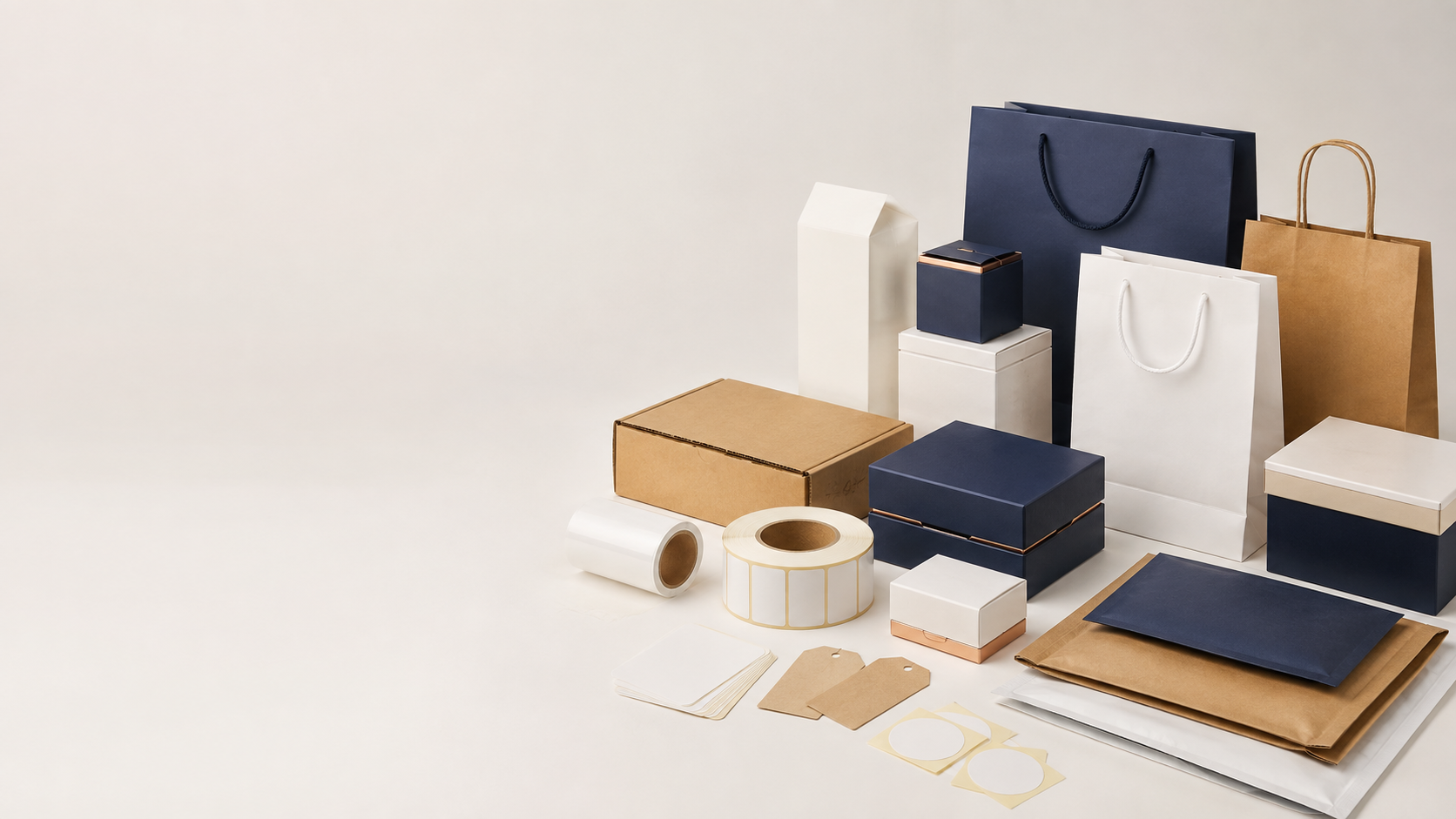 Unbranded paper boxes, bags, labels and corrugated packaging in navy, white and kraft materials